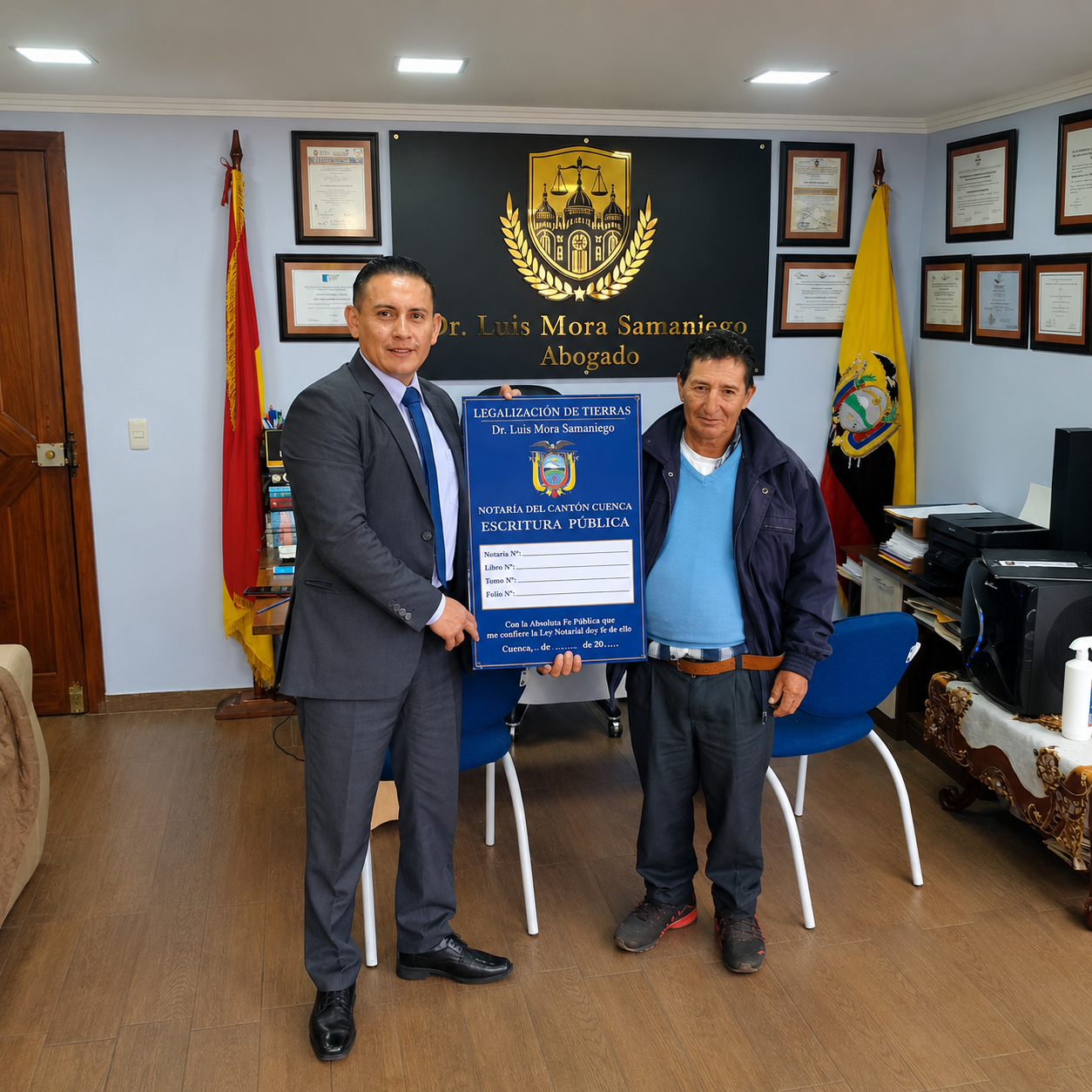 Dr. Luis Mora Samaniego junto a un cliente tras la legalización de tierras